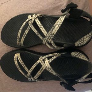 Cream and gray Chacos